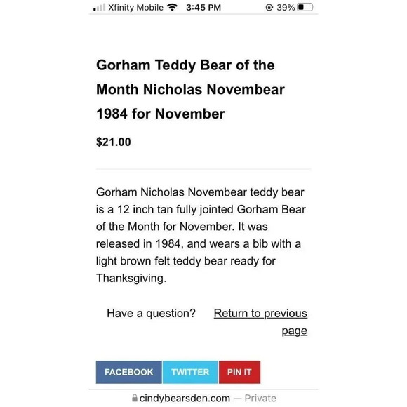 VTG Gorham Teddy Bear of November 1984 - Nicholas Novembear - Fully Jointed NWT - Picture 9 of 9